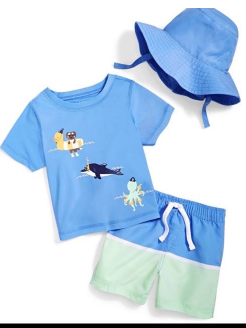 NEW First Impressions Blue Light Green Kids Swim 3 Piece Set Trunks Hat RashGuar
